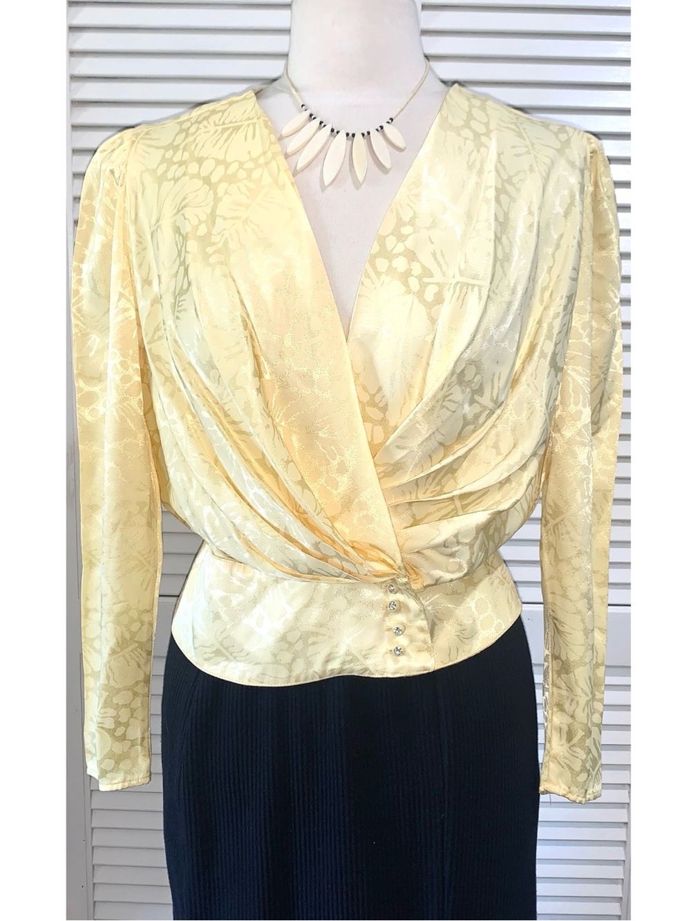 VTG 80s Variations Satin Jacquard Wrap Blouse Shoulder Pads Yellow So